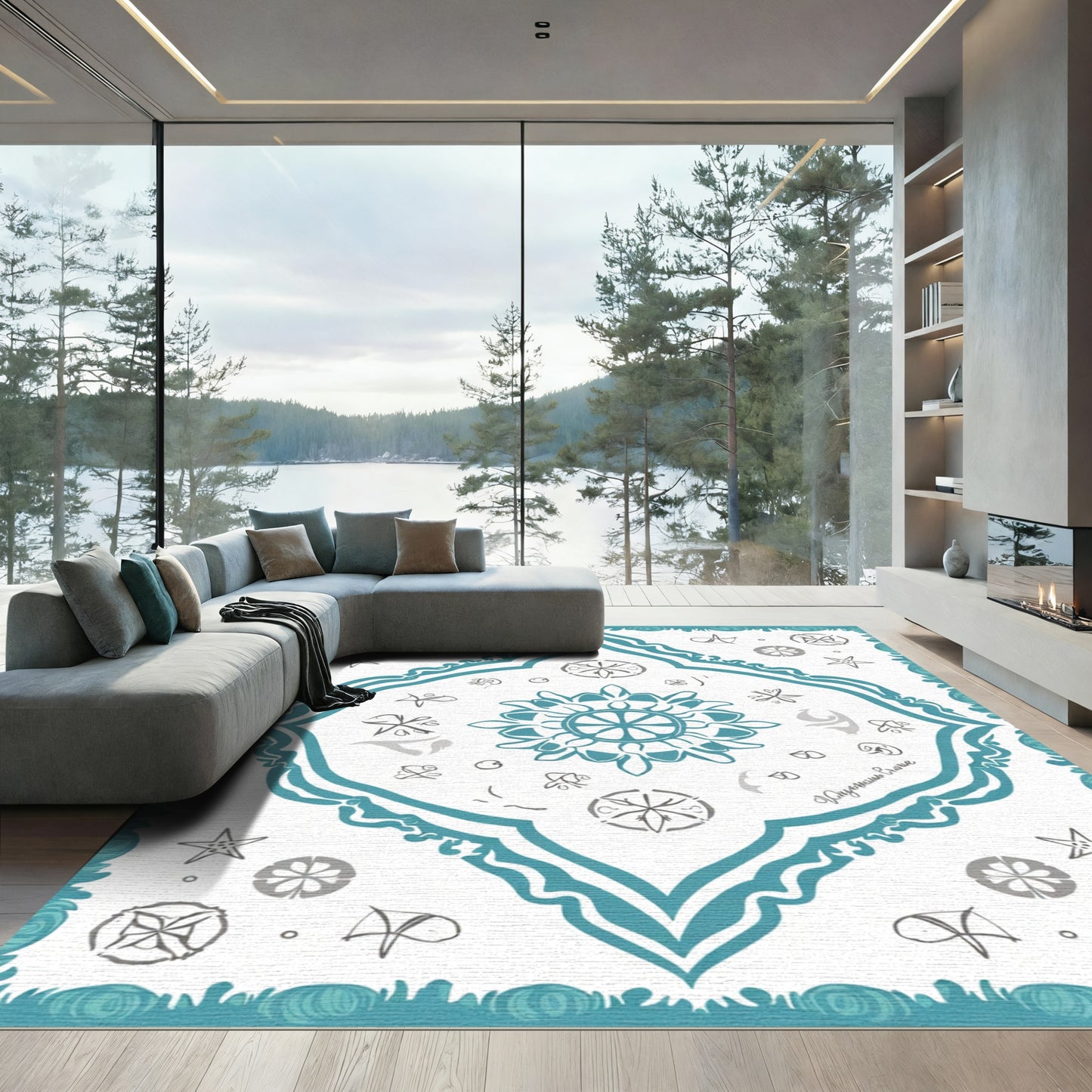 Teal Teal Starburst Mandala Medallion Rug