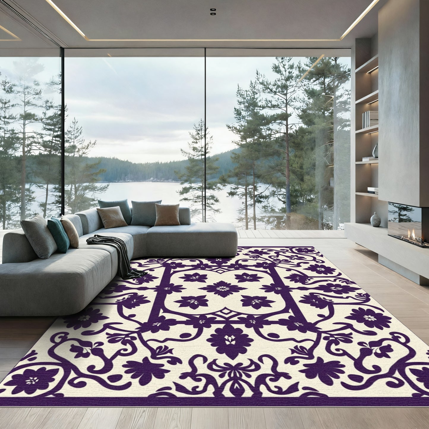 Deep Plum Floral Scrollwork Medallion Rug
