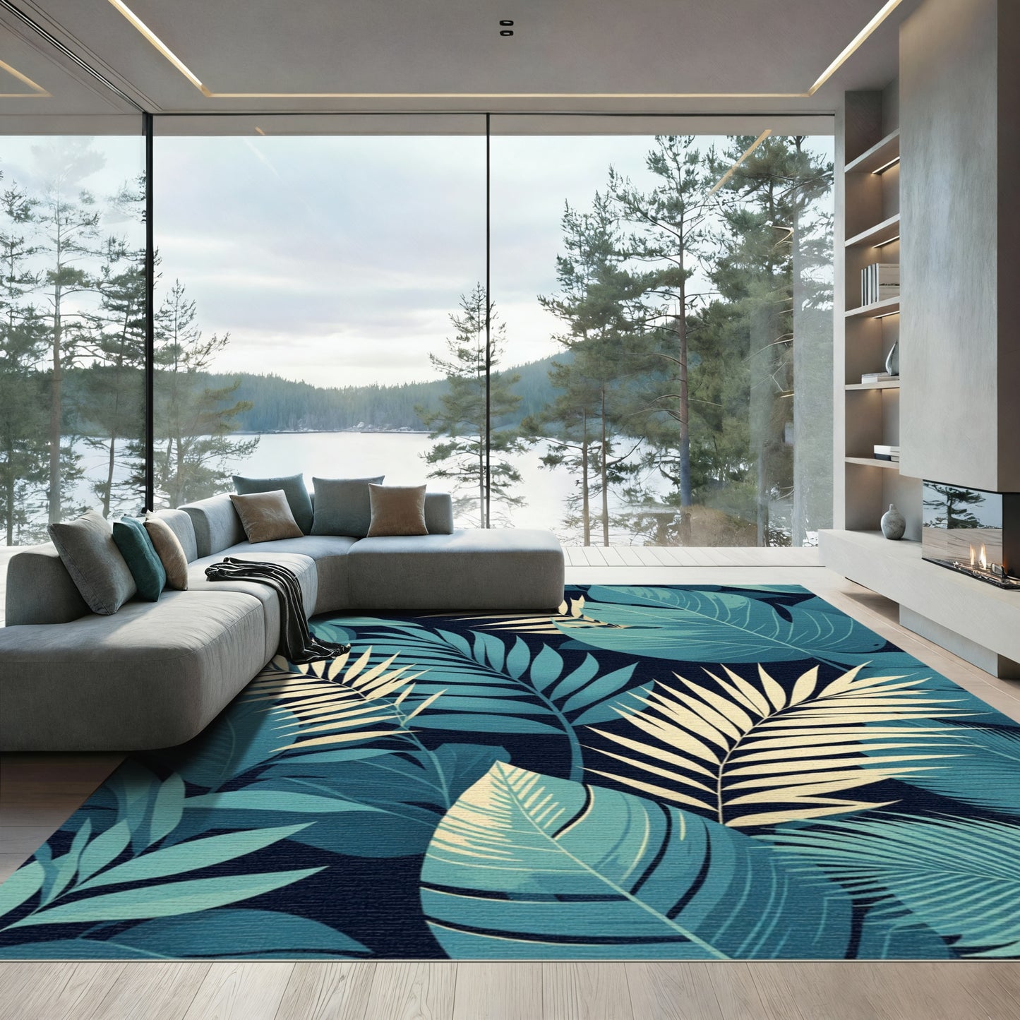 Deep Teal Palm Foliage Rug