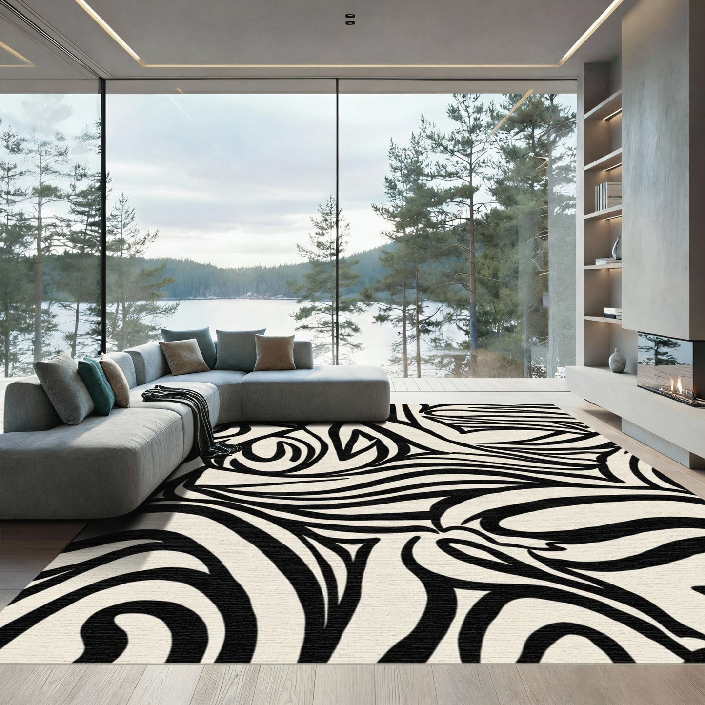 Black Cream Abstract Zebra Swirl Rug