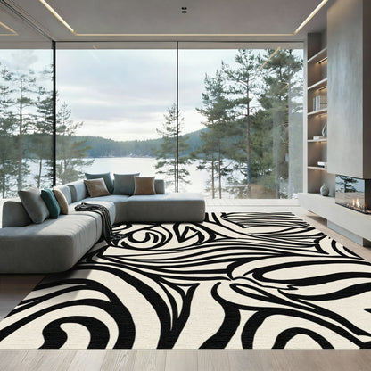 Black Cream Abstract Zebra Swirl Rug