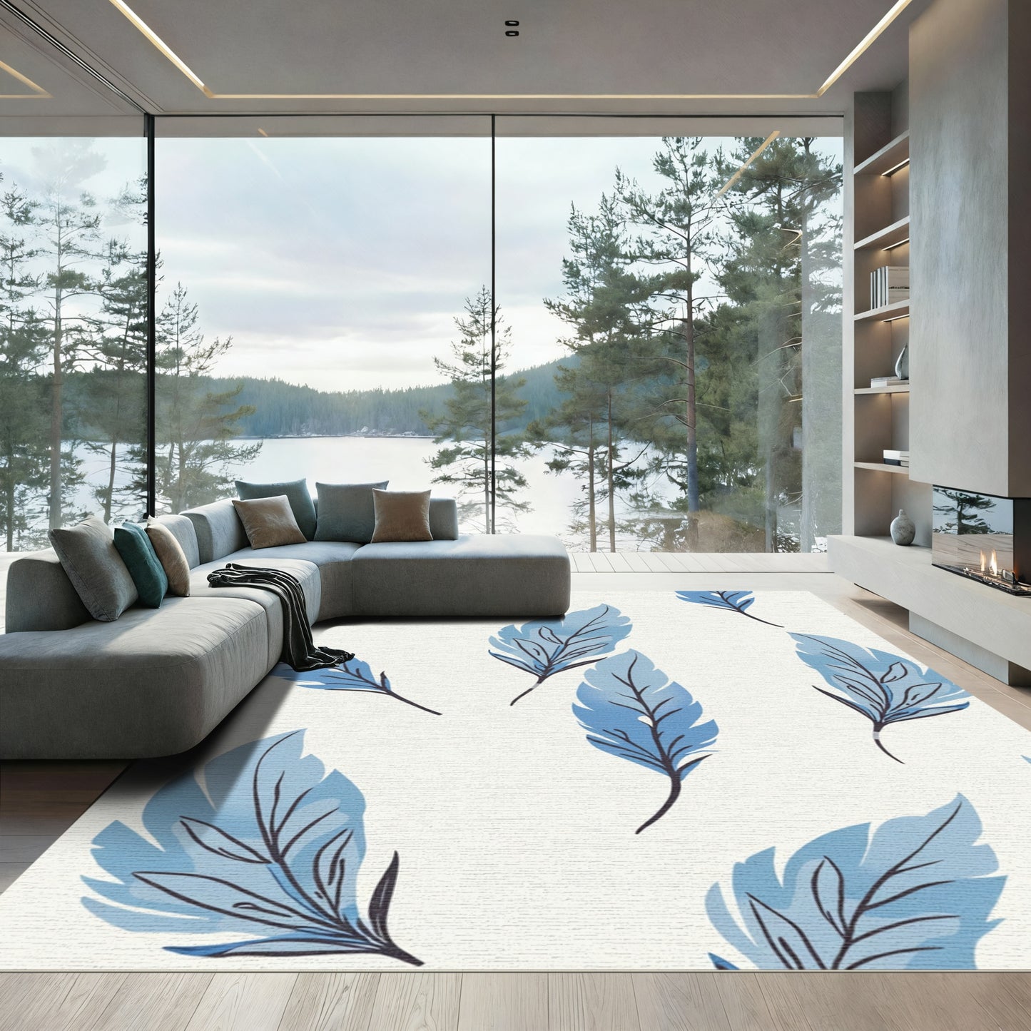Sky Blue Feather Pattern Art Rug