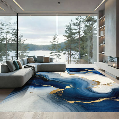 Navy White Gold Veined Fluid Rug