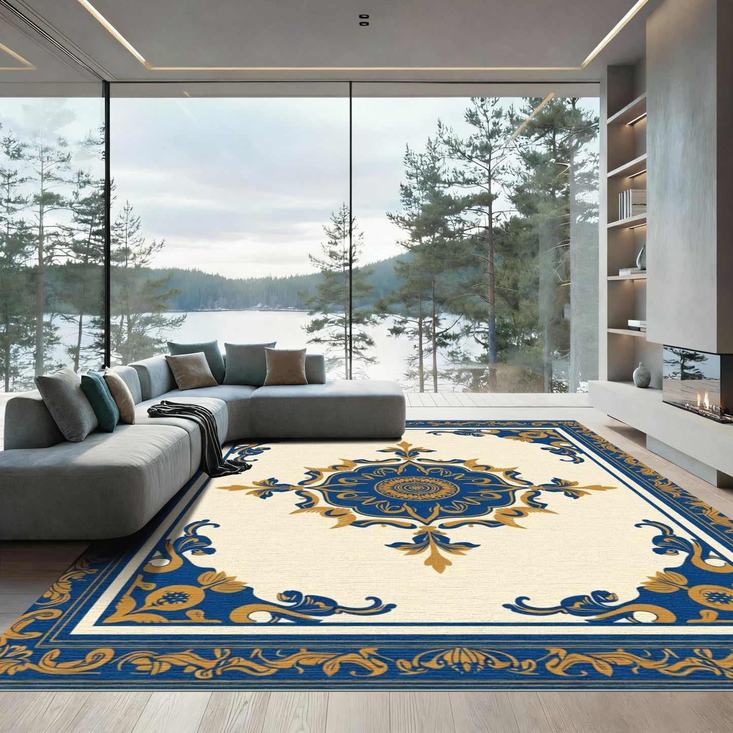 Golden Blue Floral Medallion Rug