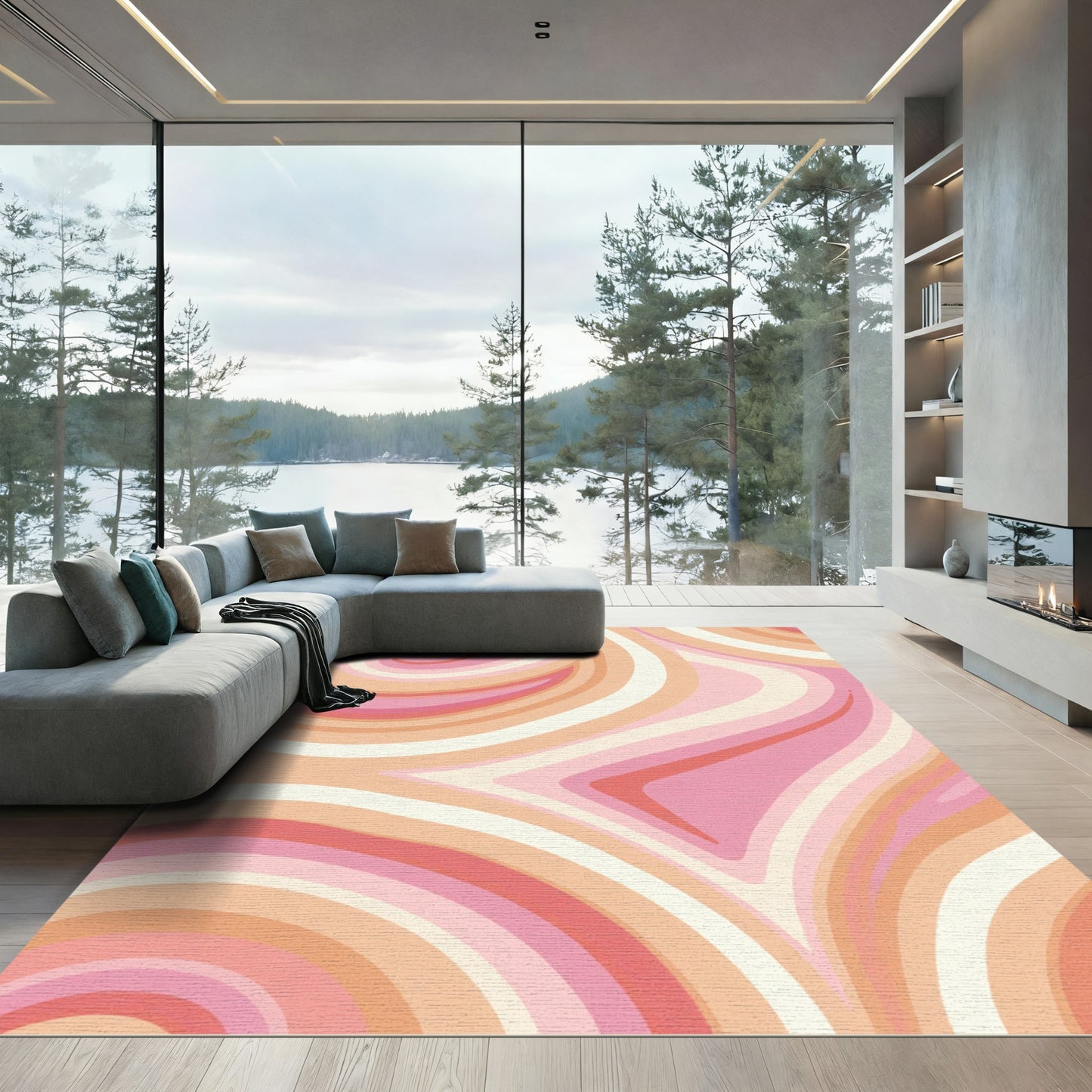 Retro Swirl Peach Pink Abstract Rug