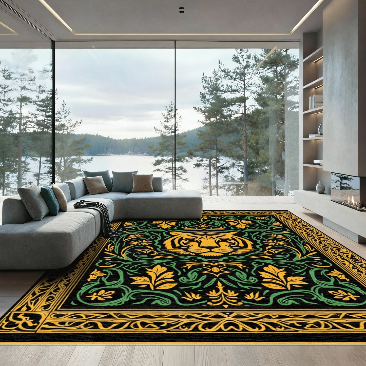 Bold Tiger Head Floral Border Rug
