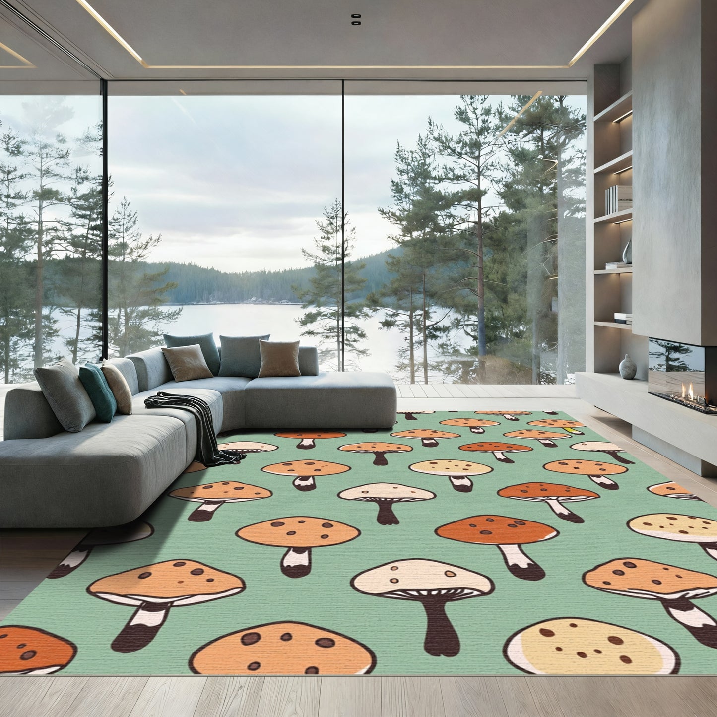 Orange Brown Cream Mushroom Arrangement Rug