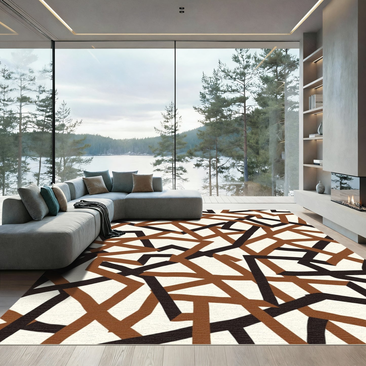 Brown Black Geometric Intersecting Lines Rug