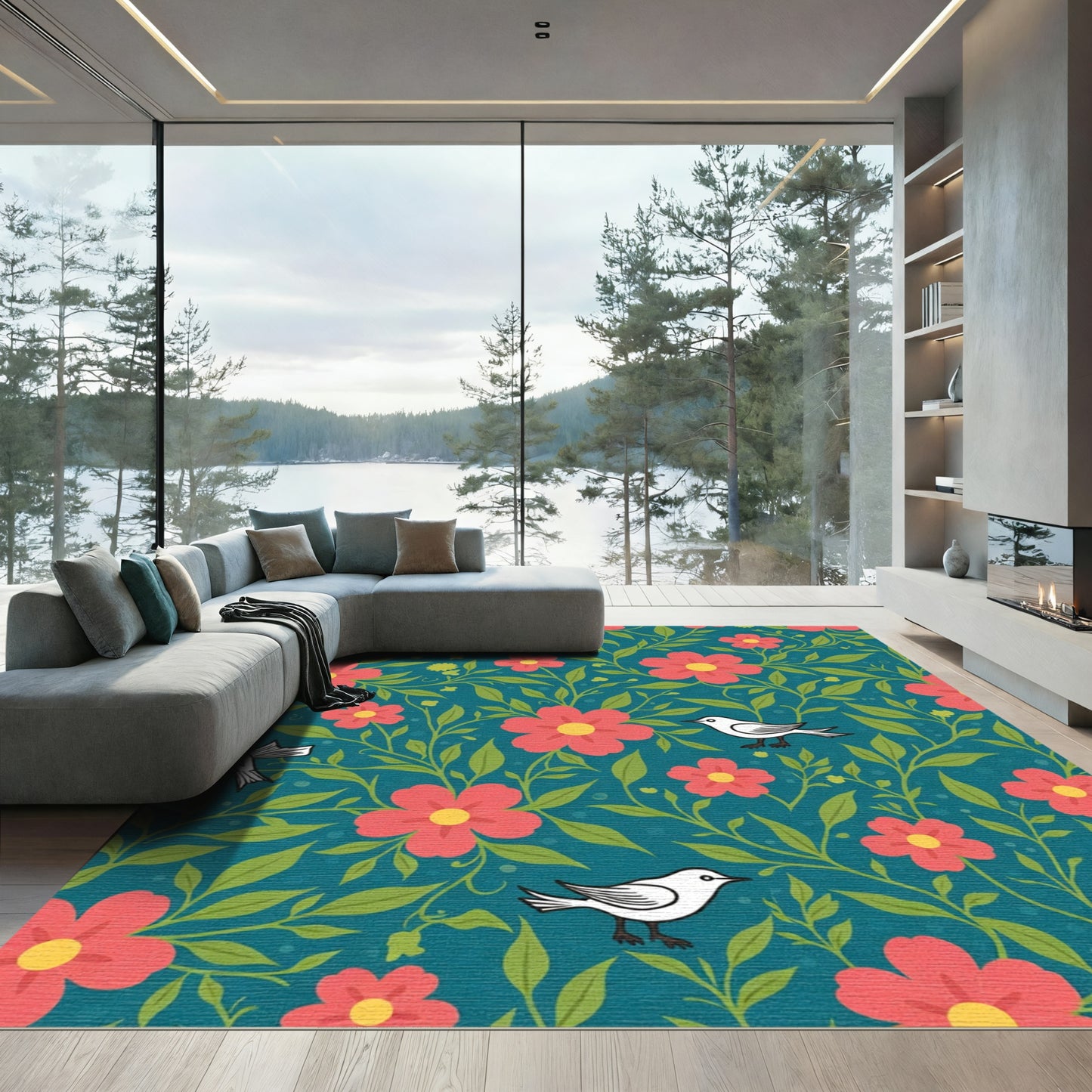 Coral Flowers With White Birds Rug