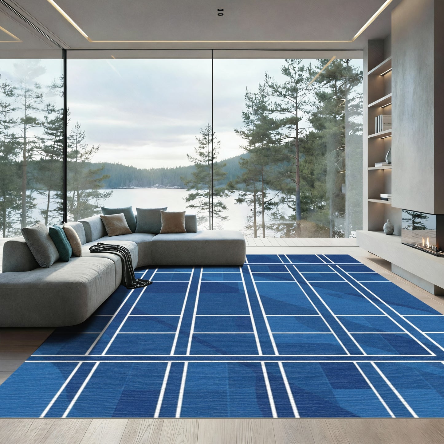 Deep Blue Geometric Window Lattice Rug