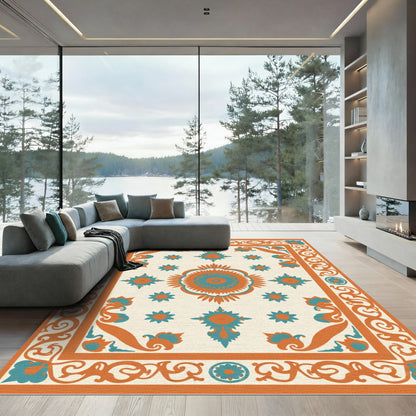 Orange Teal Mandala Floral Border Rug
