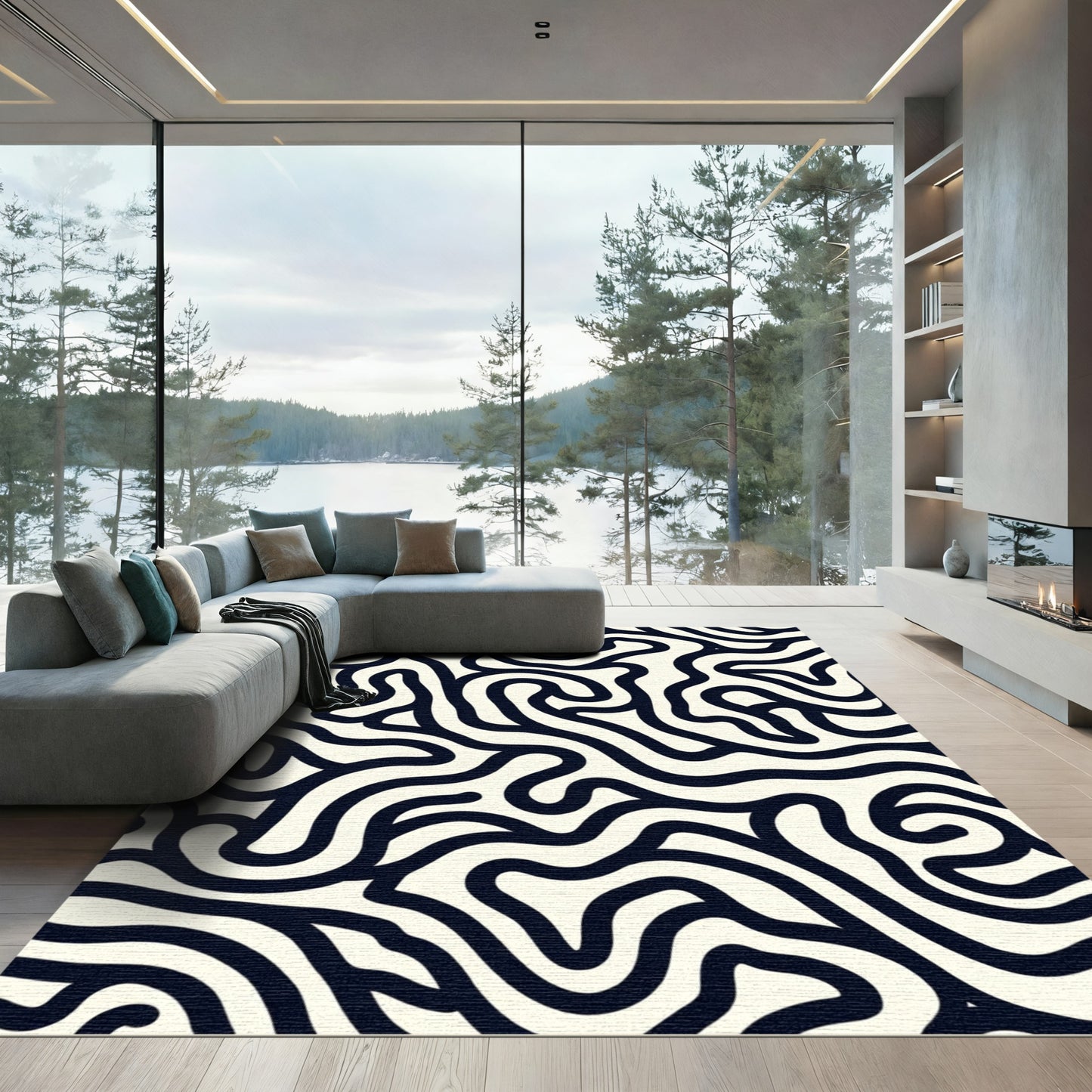 Dark Navy Cream Labyrinth Swirl Rug