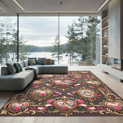 Gilded Pink Cherub Floral Heart Frames Rug