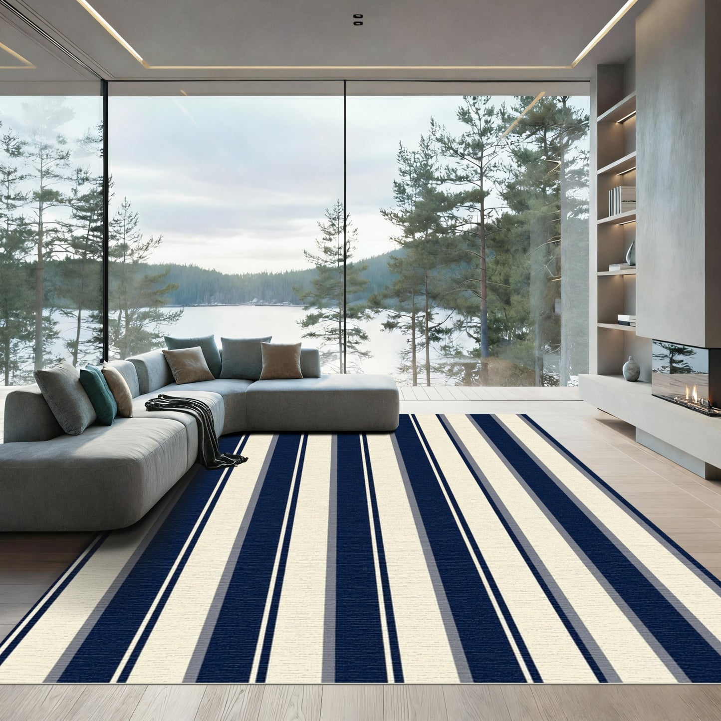 Navy Cream Vertical Stripe Rug