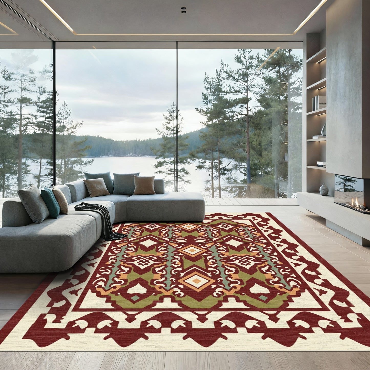 Burgundy Green Diamond Layered Geometric Rug