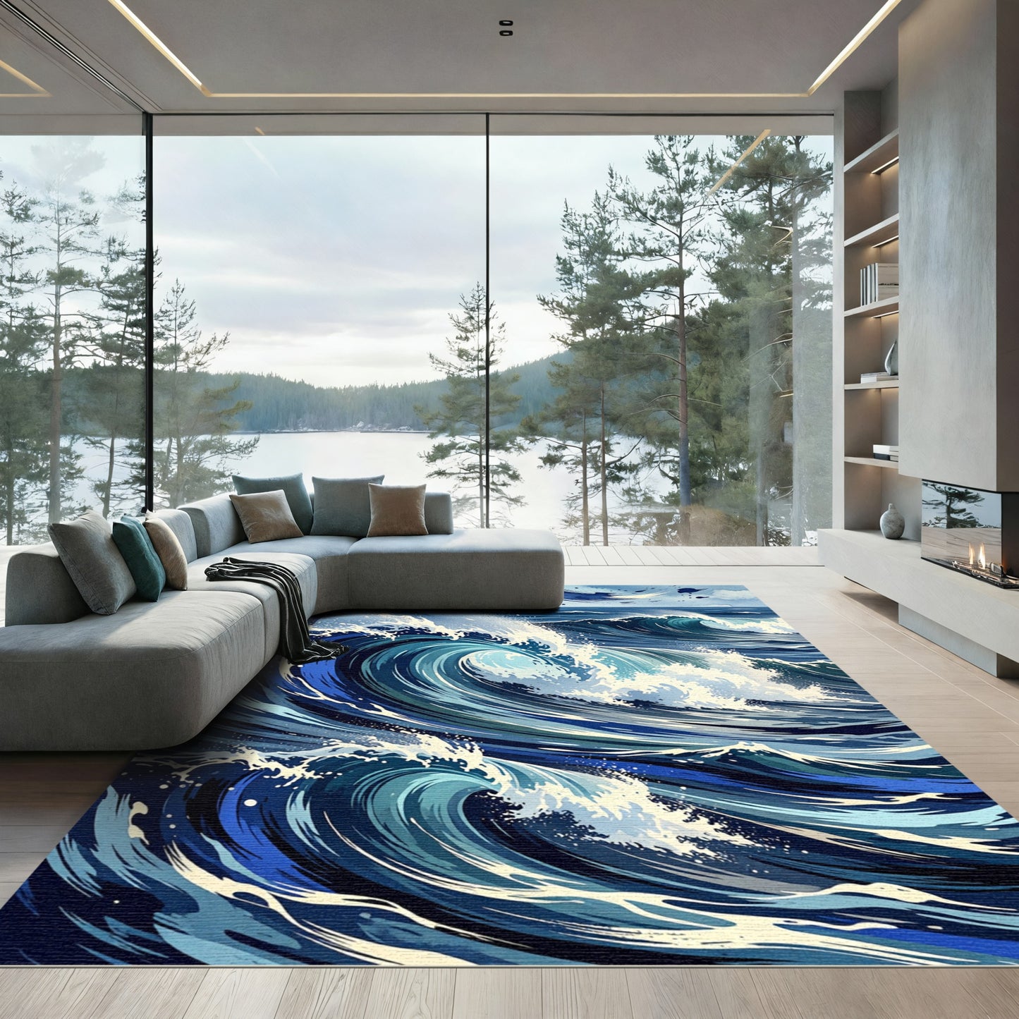 Dynamic Blue Ocean Waves Splash Rug