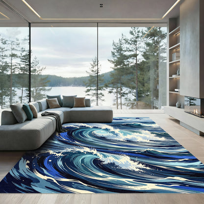 Dynamic Blue Ocean Waves Splash Rug
