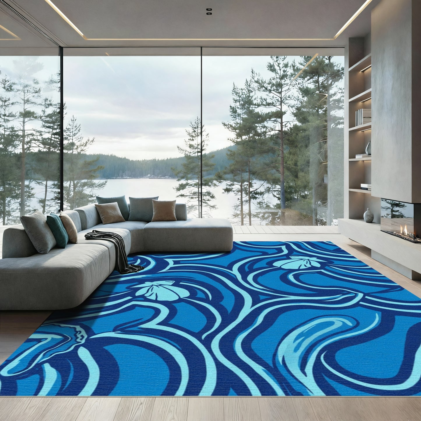 Oceanic Blue Abstract Floral Swirl Rug
