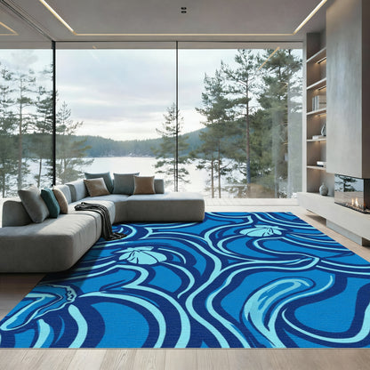 Oceanic Blue Abstract Floral Swirl Rug
