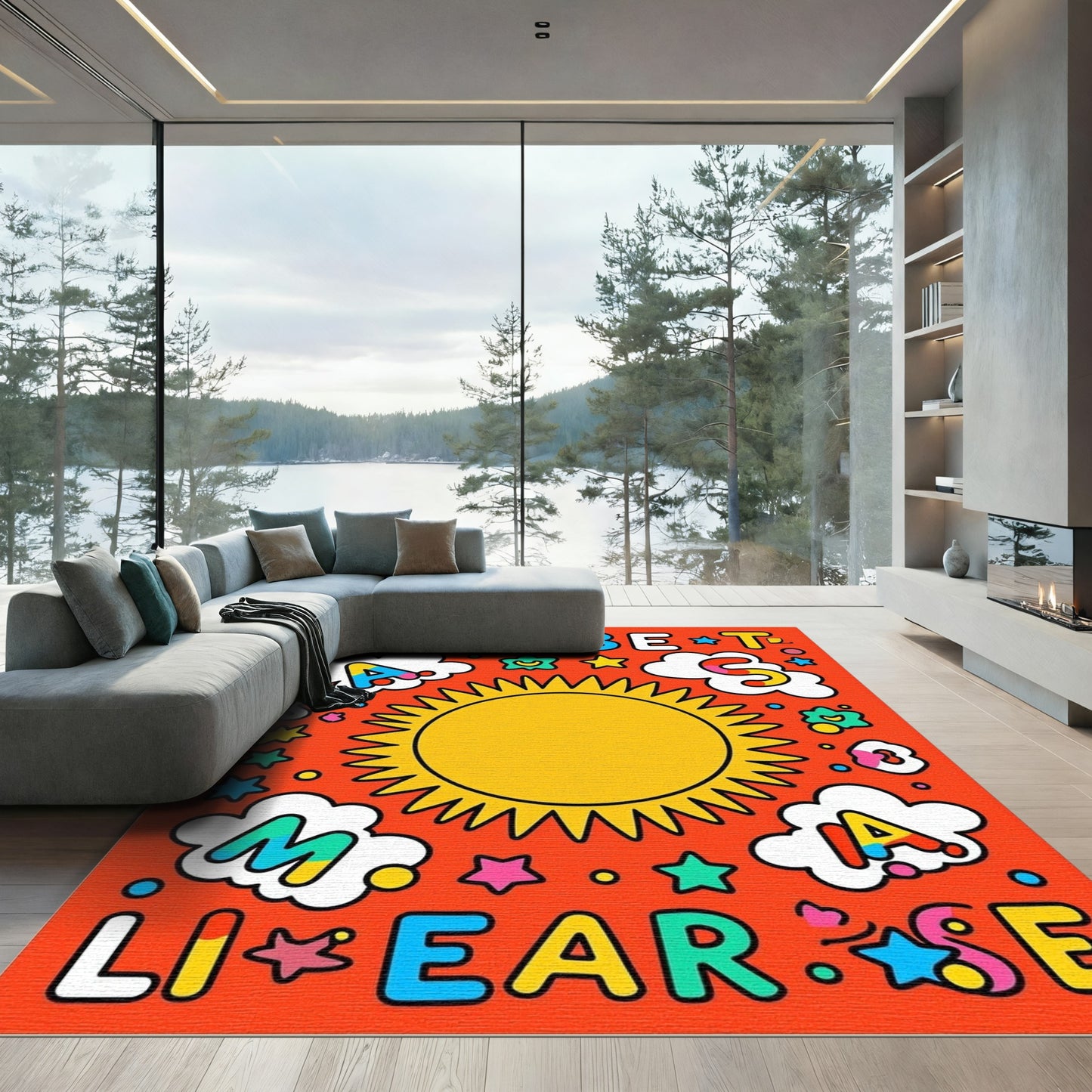 Bright Sun Clouds Letters Composition Rug