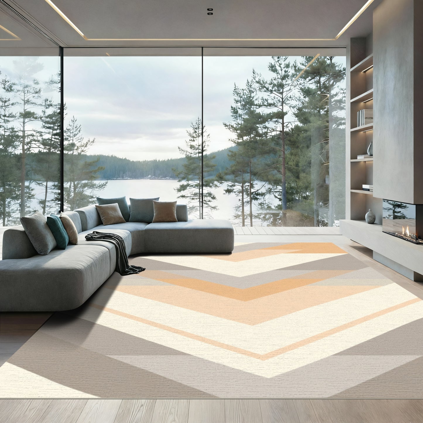 Modern Peach Gray Chevron Geometric Rug