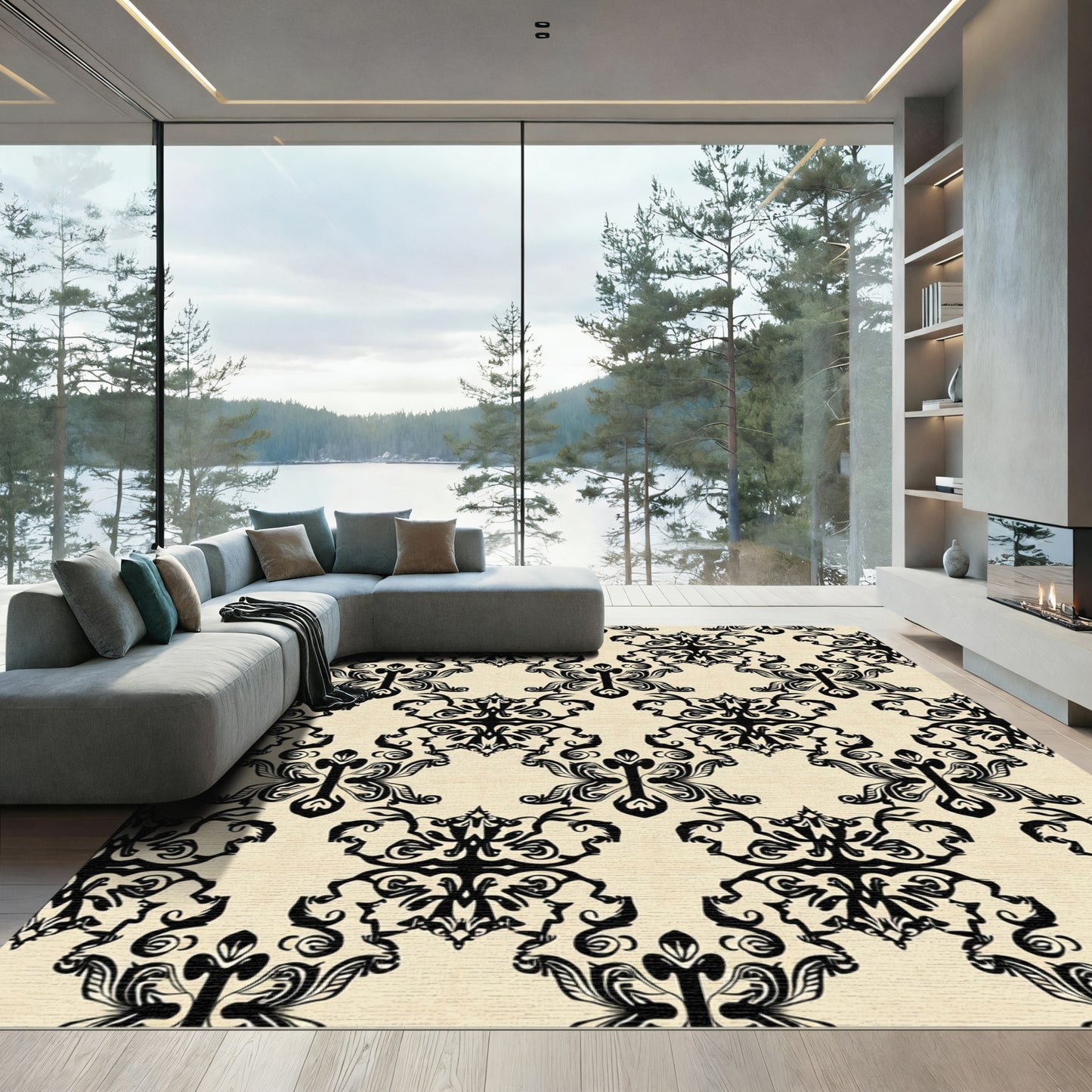 Vintage Black Damask Floral Arrangement Rug