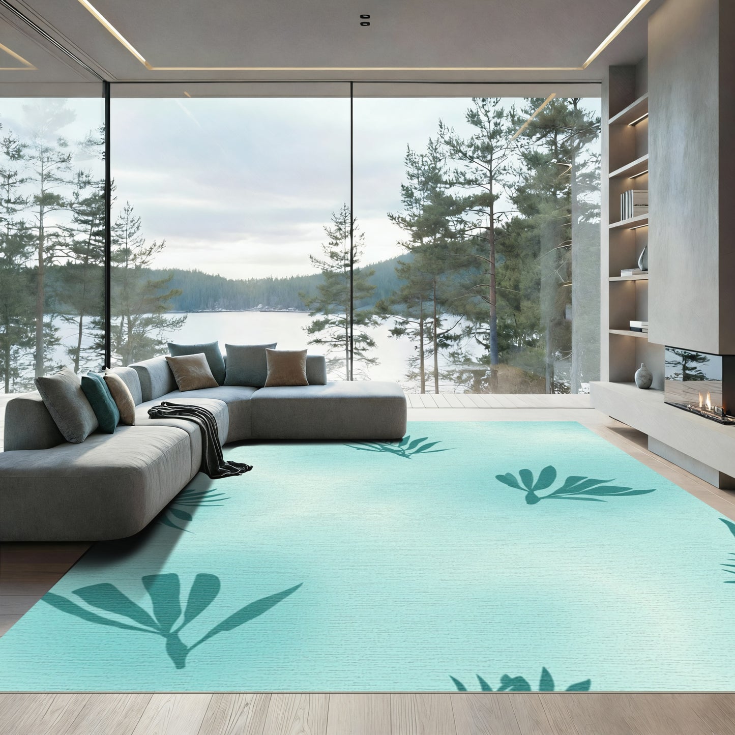 Teal Foliage on Light Aqua Gradient Rug