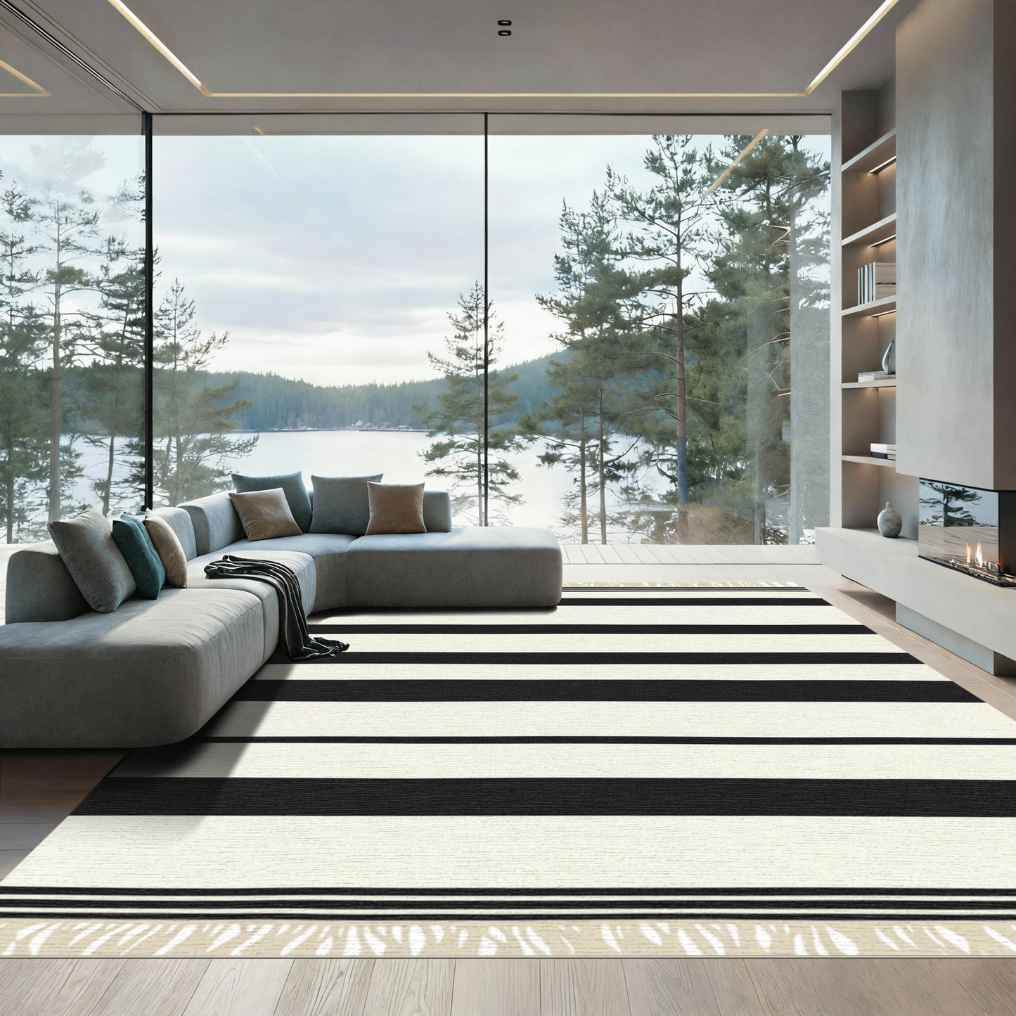 Bold Black Cream Striped Tassel Accents Rug
