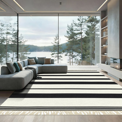 Bold Black Cream Striped Tassel Accents Rug