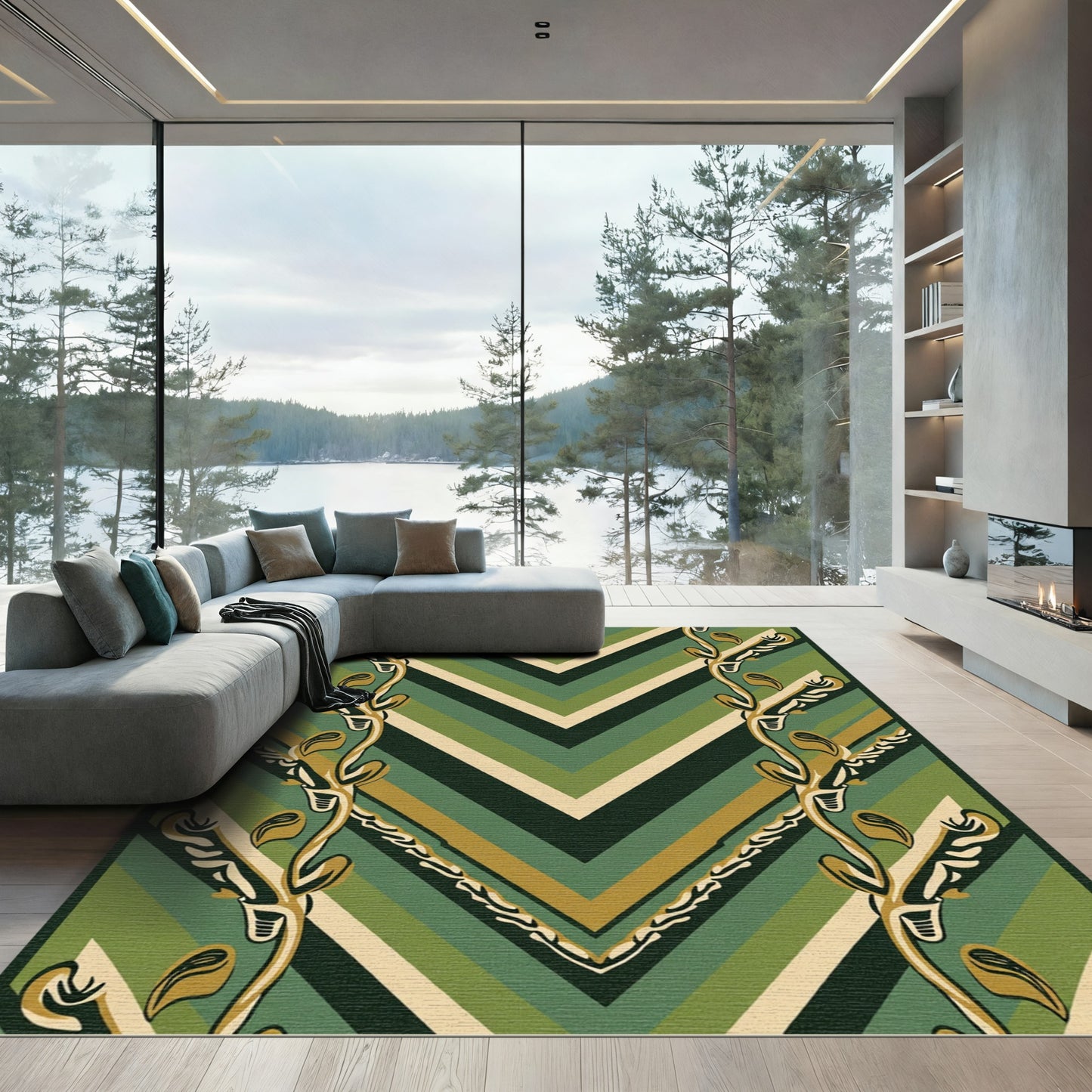 Earthy Green Chevron Vine Composition Rug