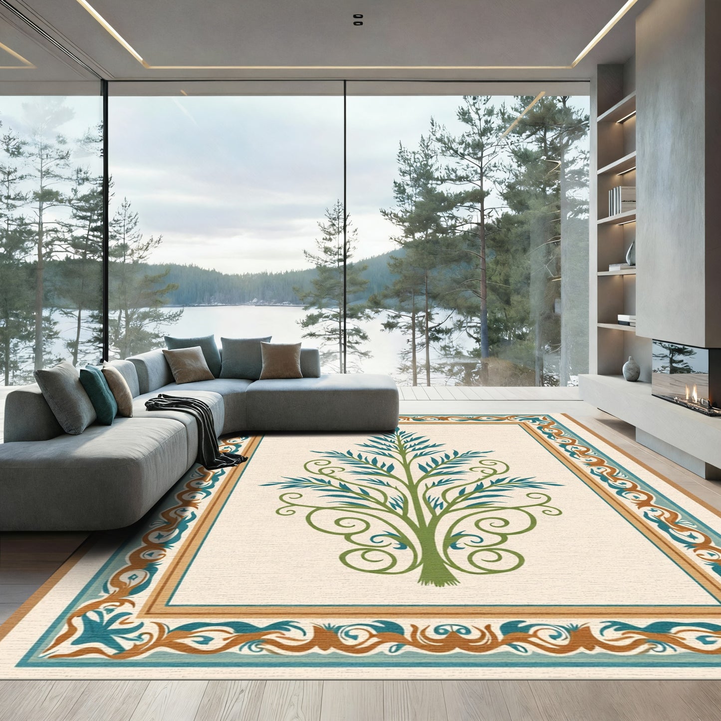 Green Blue Border Tree Rug