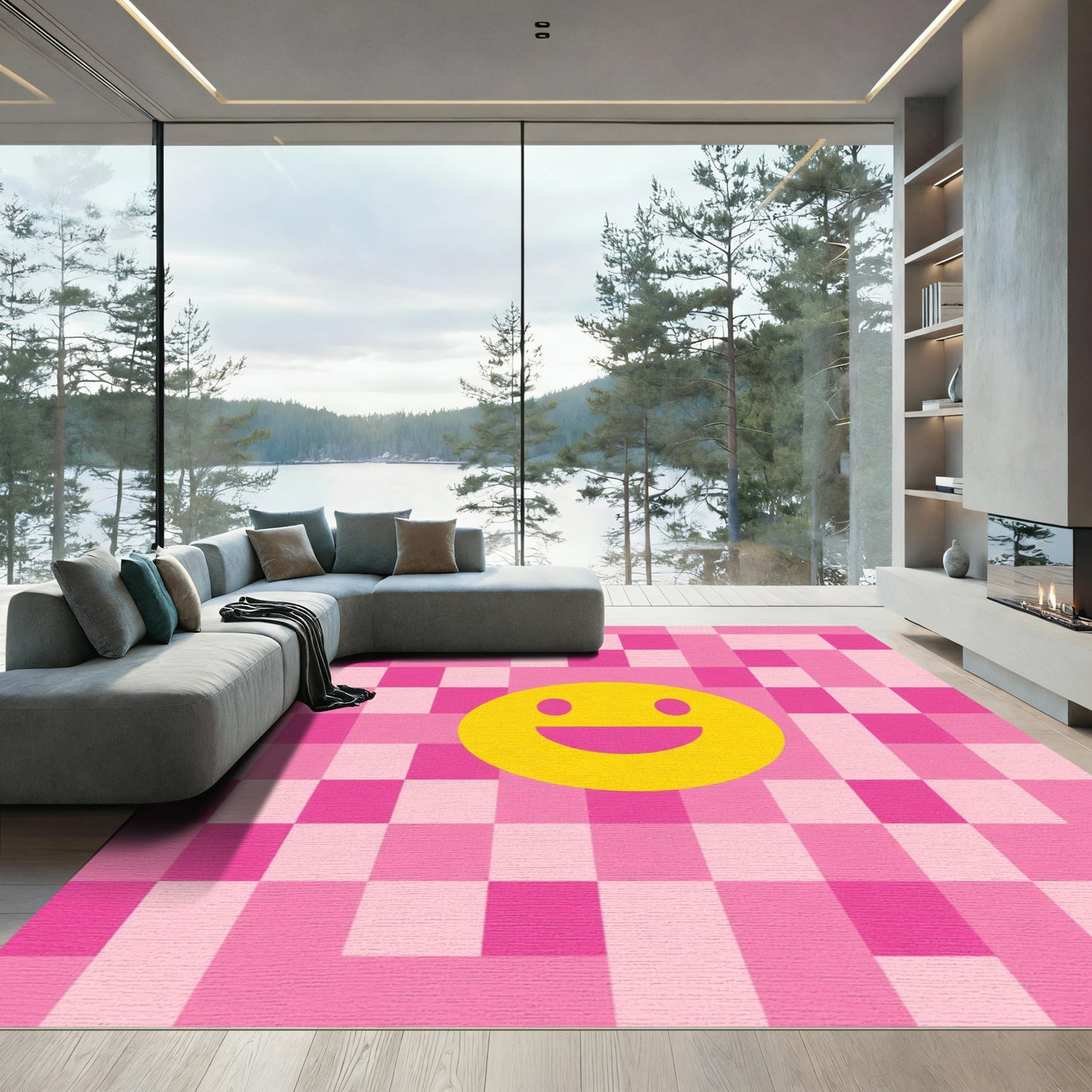 Happy Yellow Face Pink Checkered Rug