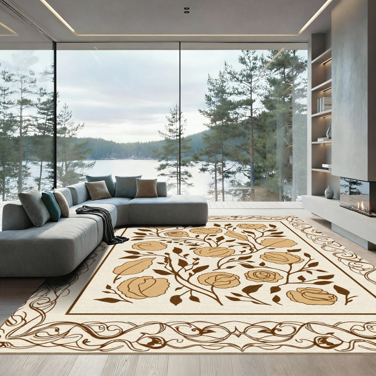 Cream Beige Floral Vine Garden Rug