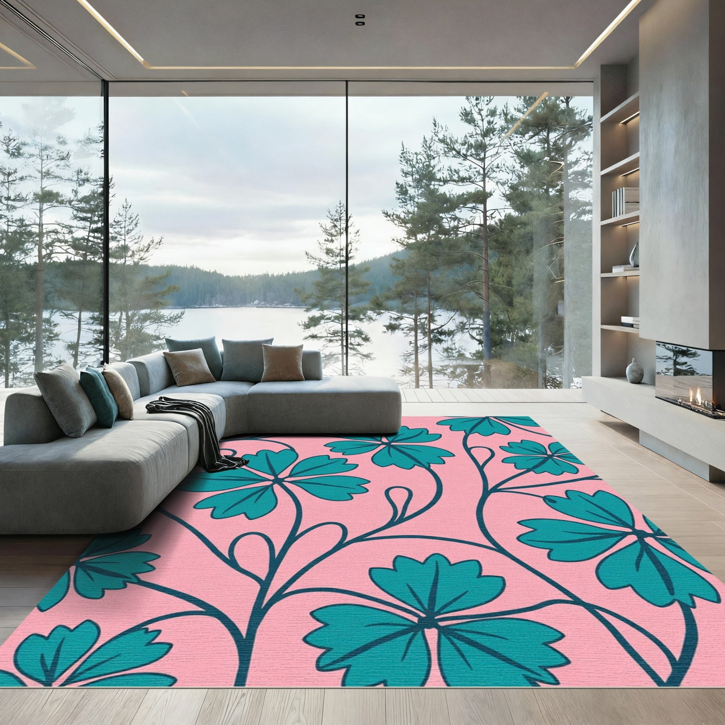 Teal Leaf Vine On Pink Background Rug