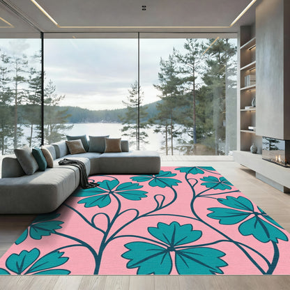 Teal Leaf Vine On Pink Background Rug