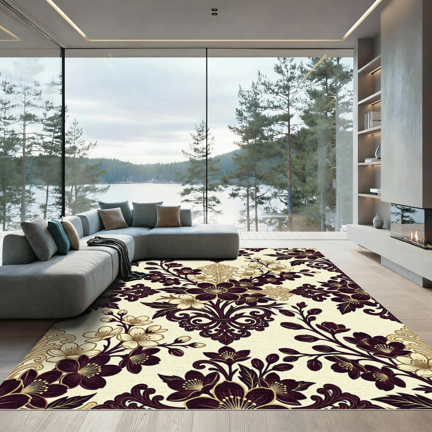 Crimson and Gold Floral Damask Rug