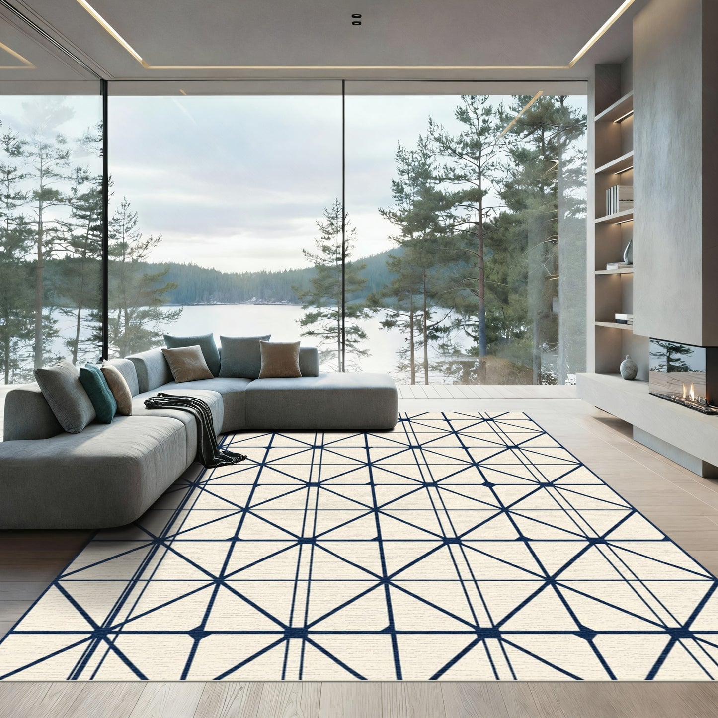 Cream Navy Geometric Lattice Rug