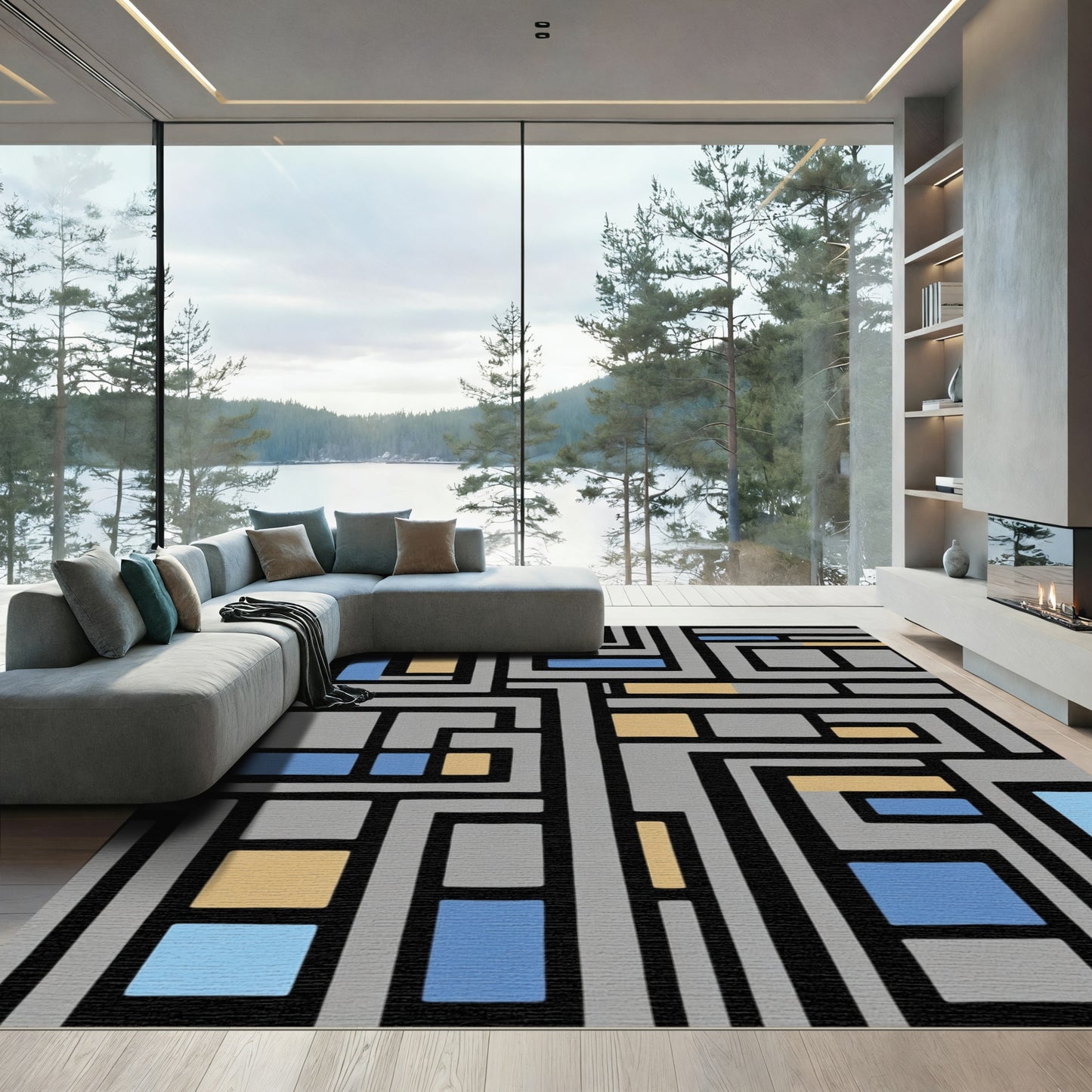 Abstract Geometric Gray Blue Amber Rug