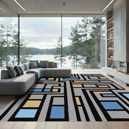 Abstract Geometric Gray Blue Amber Rug