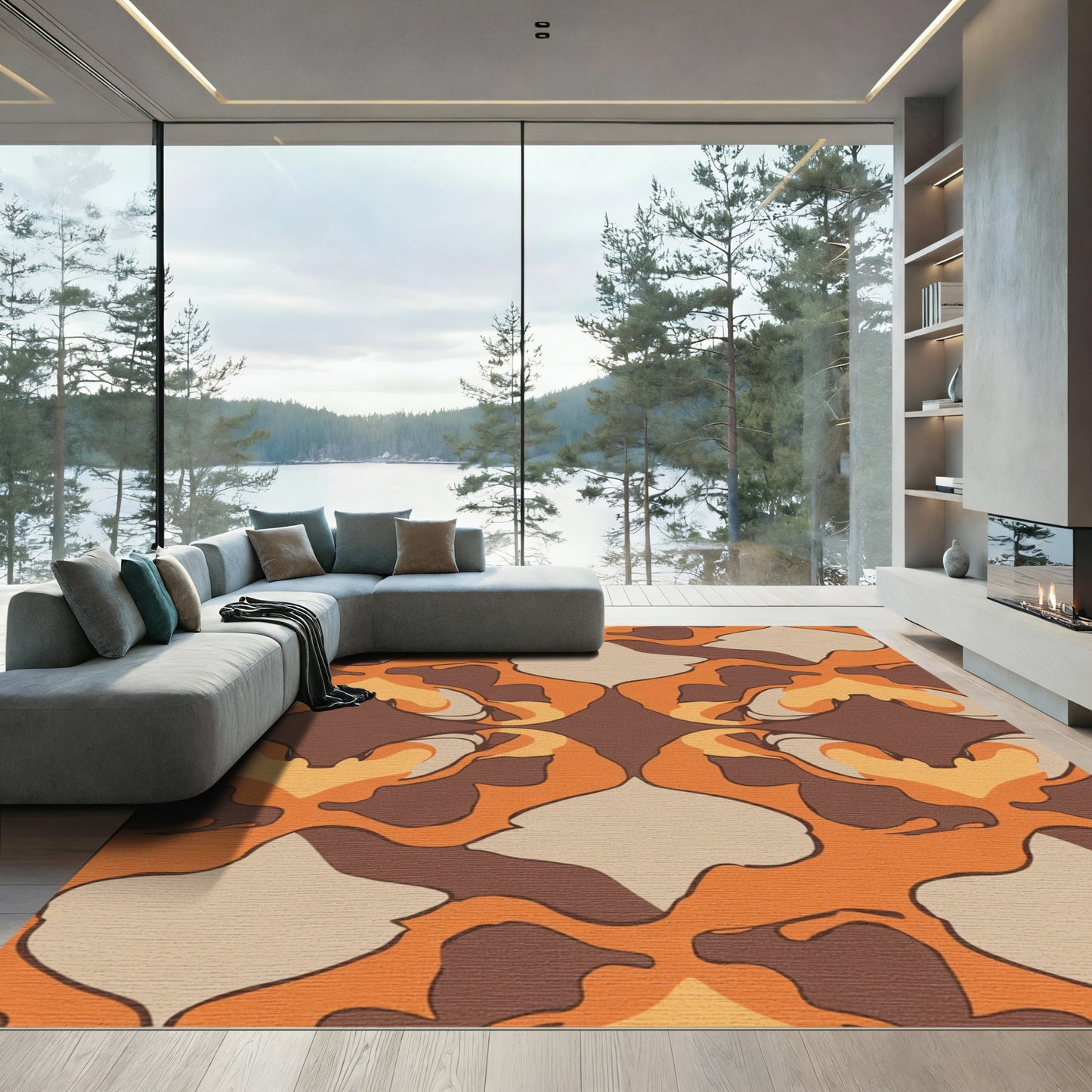 Retro Abstract Orange Brown Organic Shapes Rug