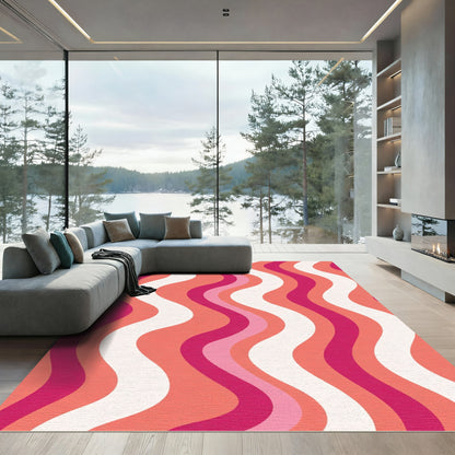 Retro Pink Coral Wave Stripes Rug