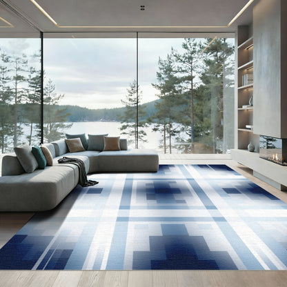 Deep Blue Geometric Pixelated Tiling Rug