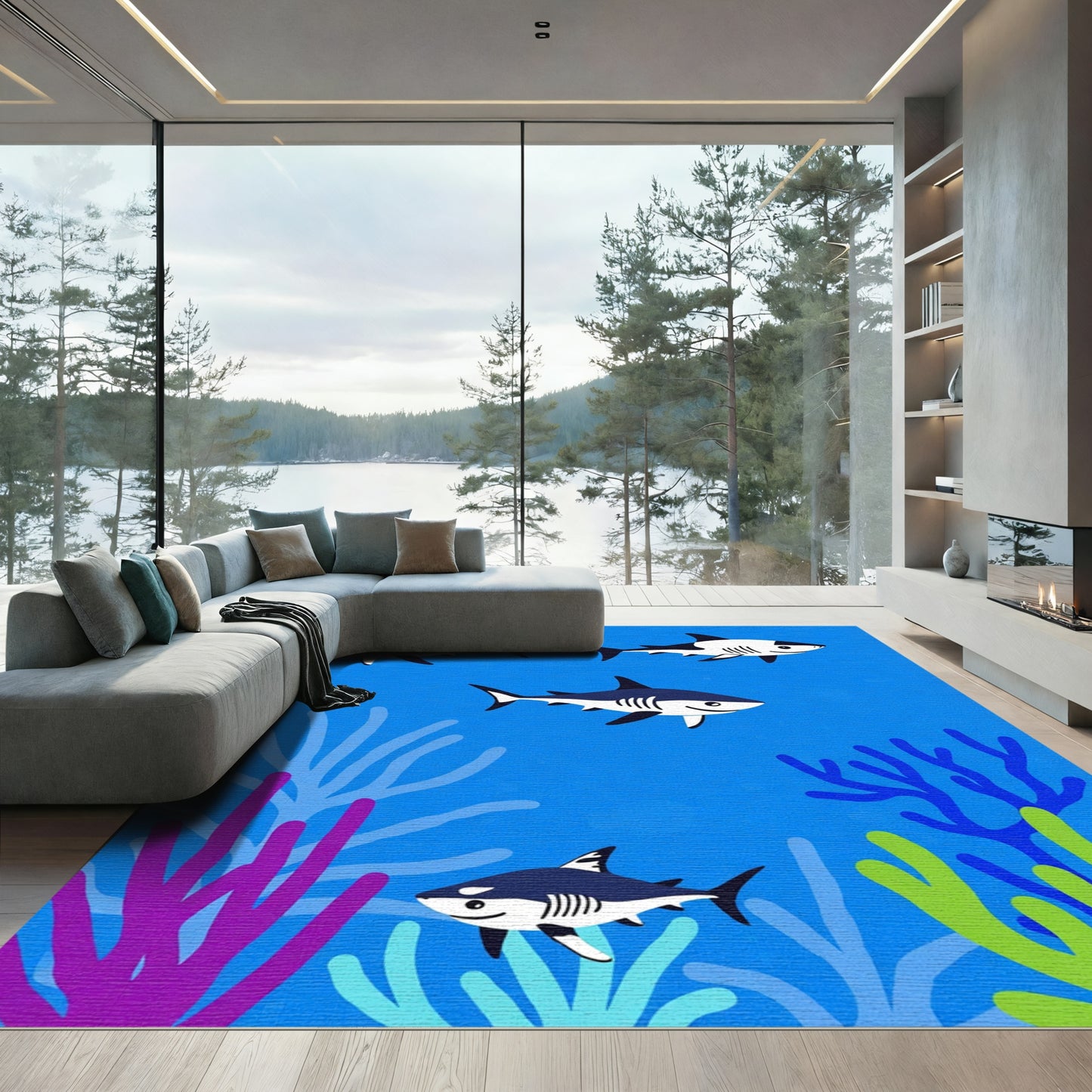 Playful Blue Ocean Shark Swimmers Rug