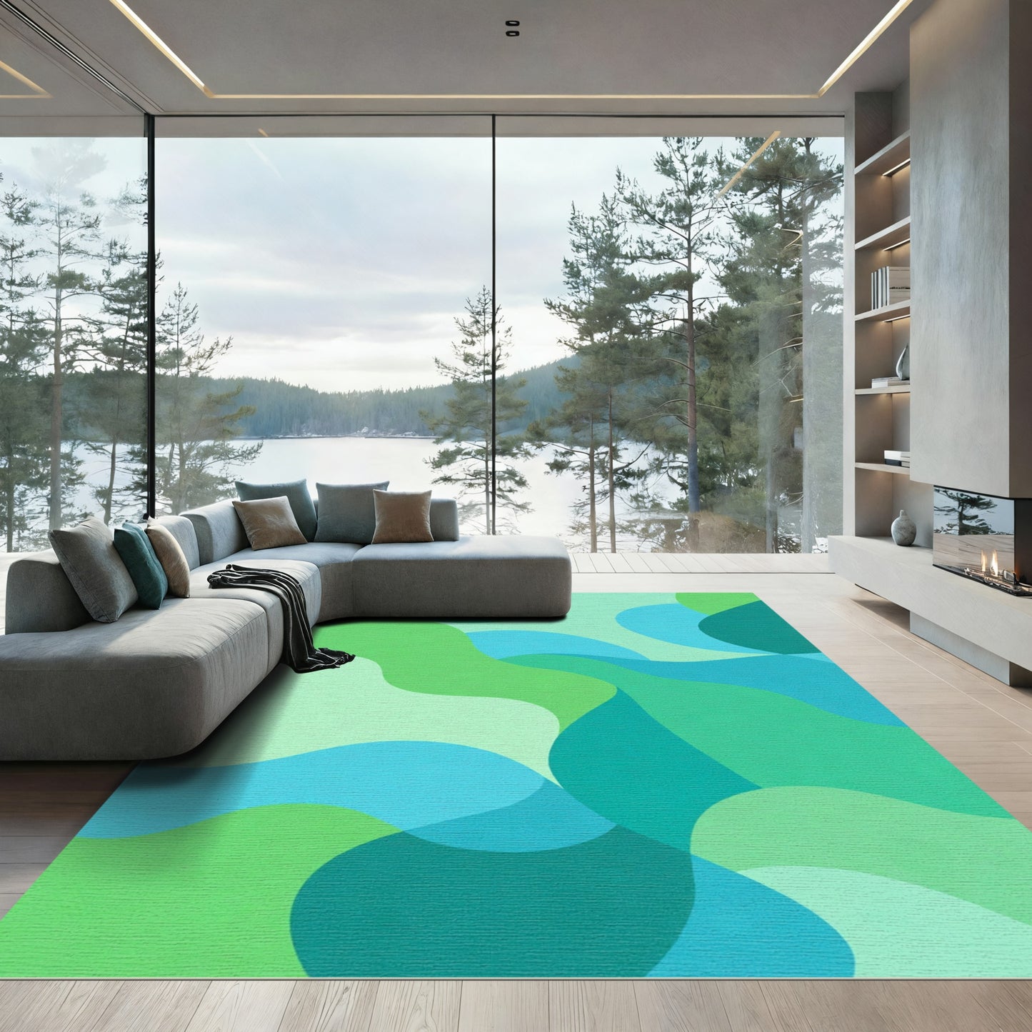 Green Blue Abstract Organic Waves Rug