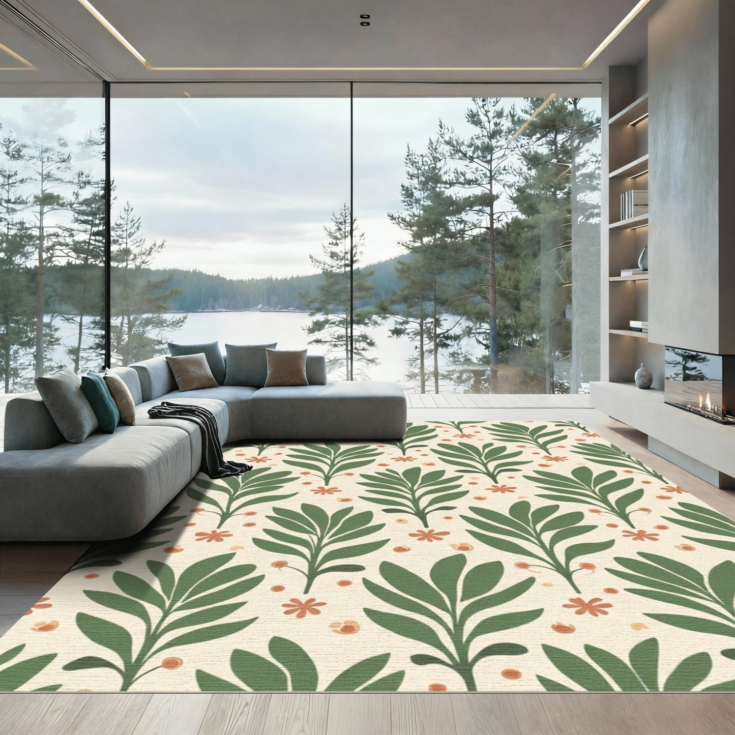Cream Green Leafy Branches Floral Overlay Rug