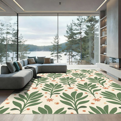 Cream Green Leafy Branches Floral Overlay Rug