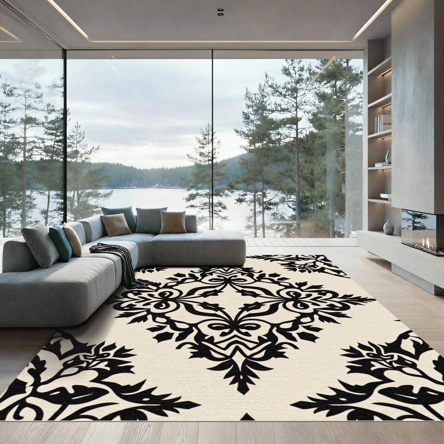 Cream Black Damask Floral Scroll Rug