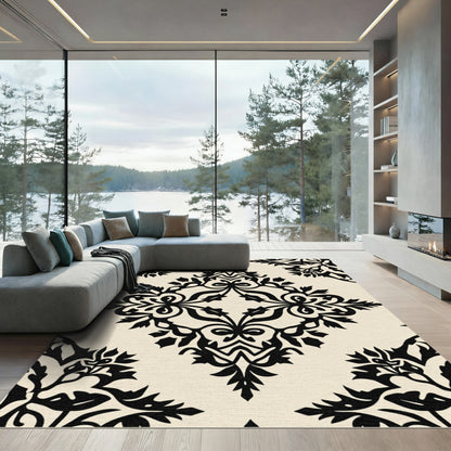 Cream Black Damask Floral Scroll Rug