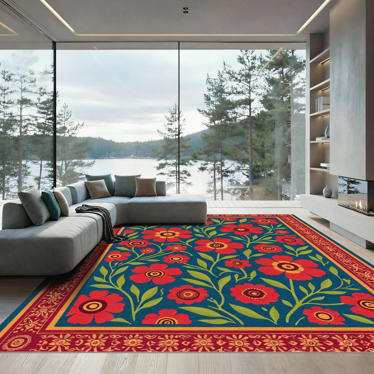 Crimson Floral Vines Bordered Rug