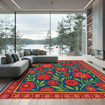 Crimson Floral Vines Bordered Rug